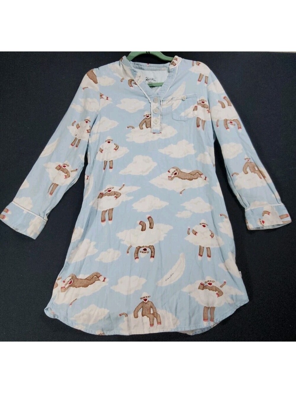 Nick & Nora Night Sleep Shirt Long Sleeve Cotton Small Sock Monkey Clouds Blue